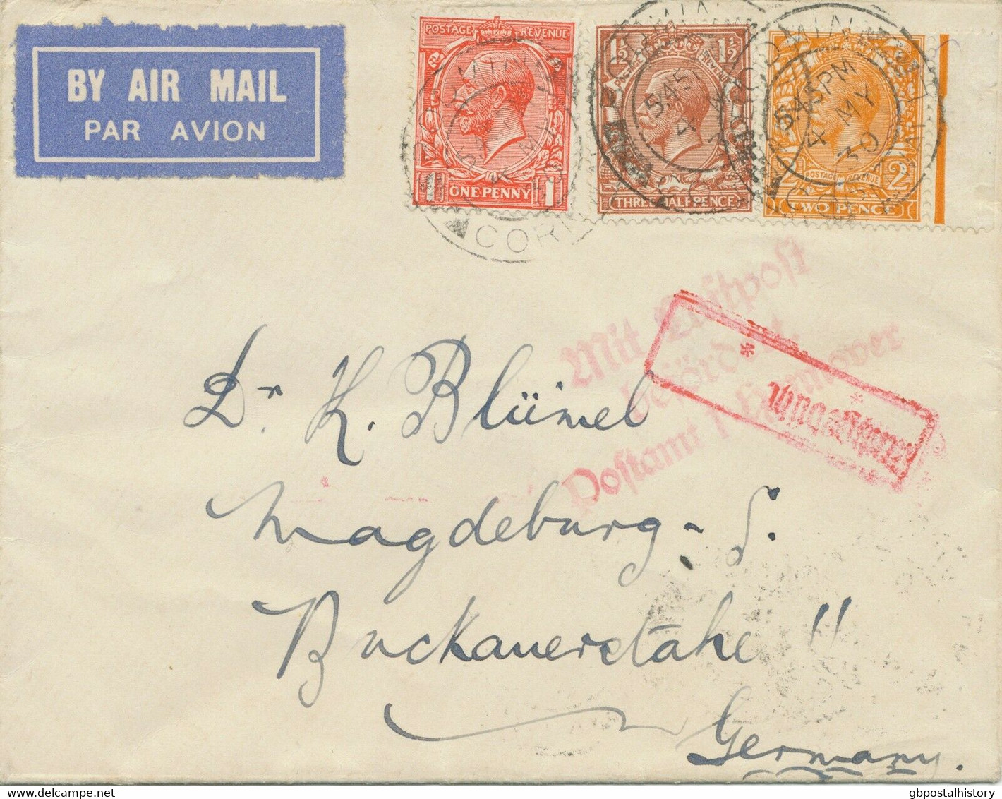 GB 1930 Nice Three-color Franking GV 1 D, 1 ½ D And 2 D (marginal Item, VARIETY) Airmail To MAGDEBURG, Germany - Errors, Freaks & Oddities (EFOs