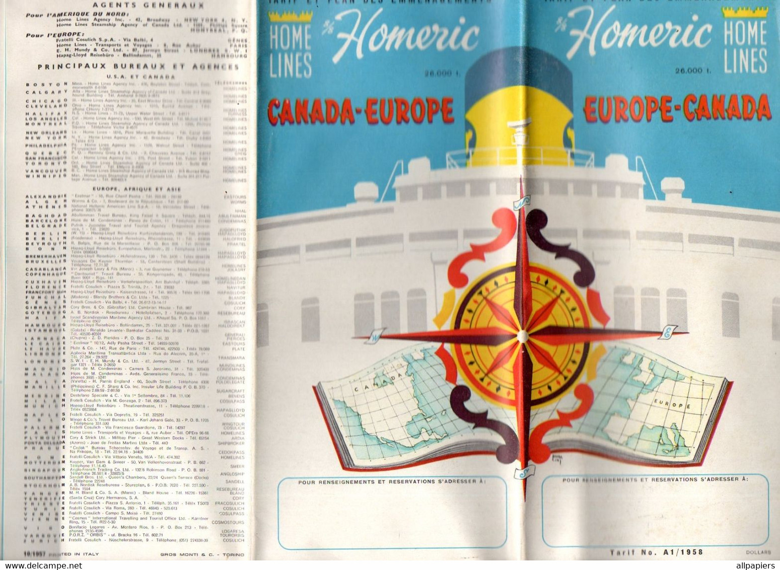 Dépliant Tarif Et Plan Des Emménagements Paquebot S/S Homeric Home Lines 26.000 T Europe-Canada Tarif N° A1/1958 - Otros & Sin Clasificación