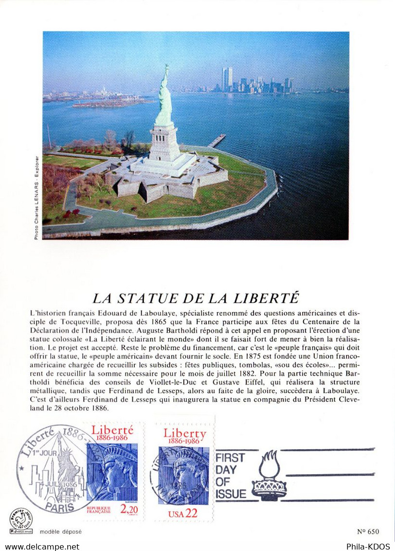 &#128509  " LA STATUE DE LA LIBERTE " Sur Encart 1er Jour De 1986. N° YT 2421 + USA 1672 Parfait état FDC - Monumenti