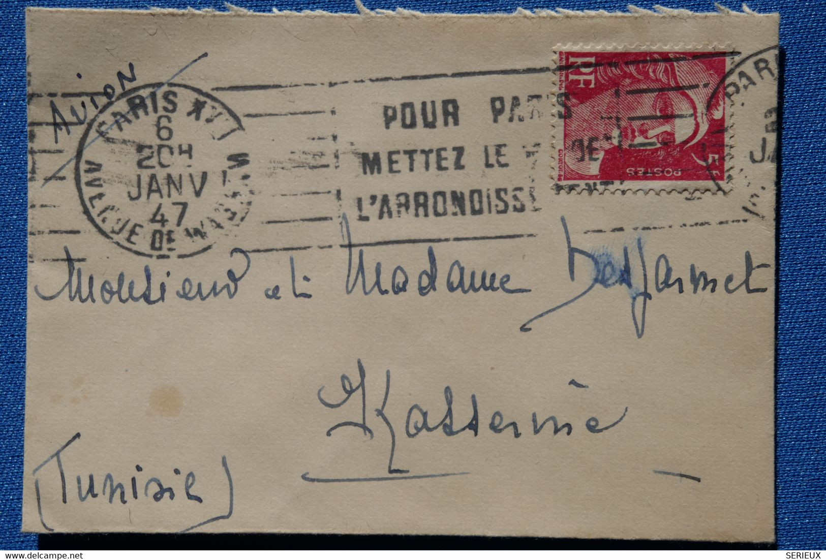 O8 FRANCE BELLE  LETTRE PETITE 1947  PAR  AVION PARIS POUR KASSERINE TUNISIE + AFFRANCHISSEMENT INTERESSANT - Storia Postale