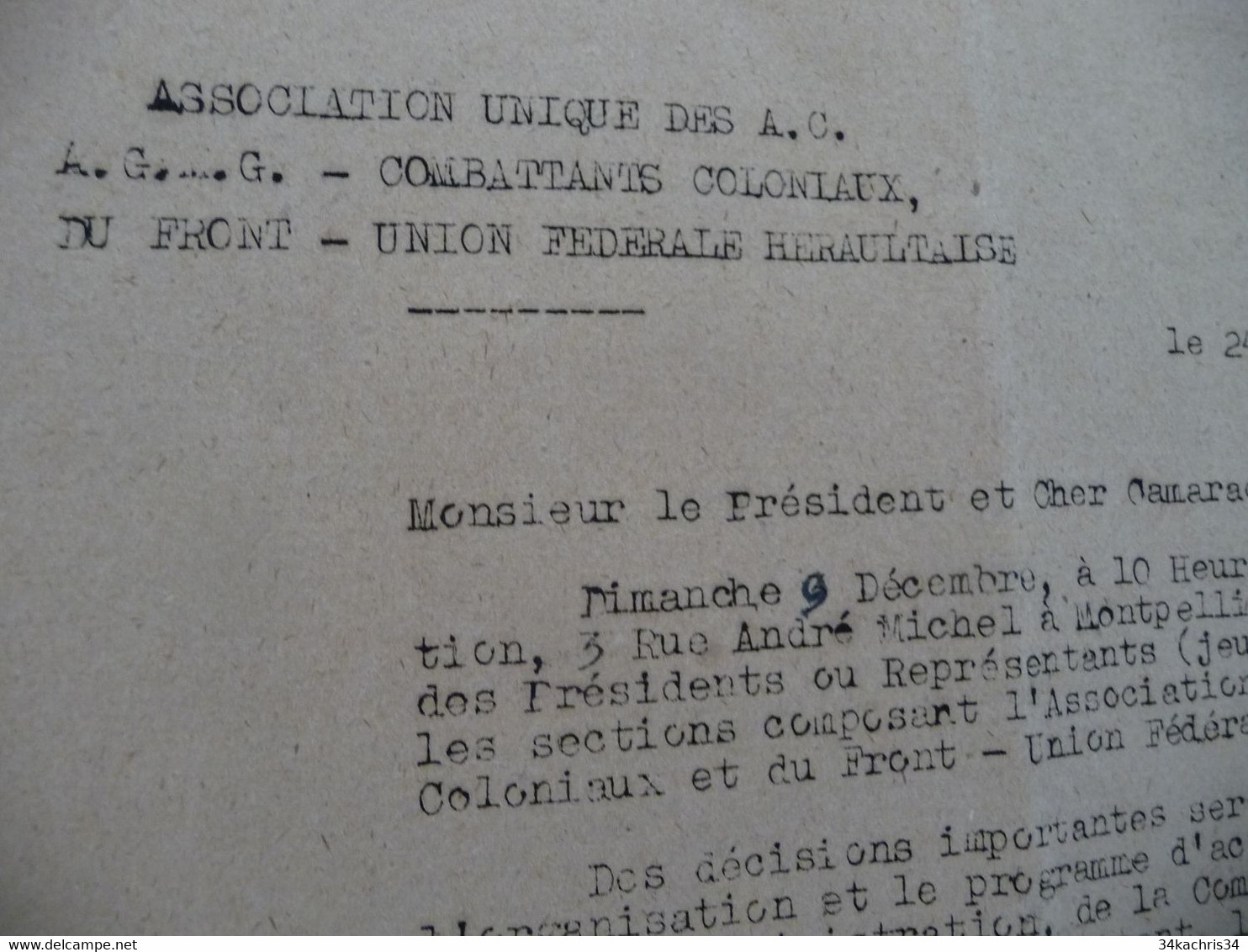 Association Des Nciens Combattants Coloniaux Hérault 1945 Organisation Montpelier Béziers Bédarieux Et Autres - Documenten