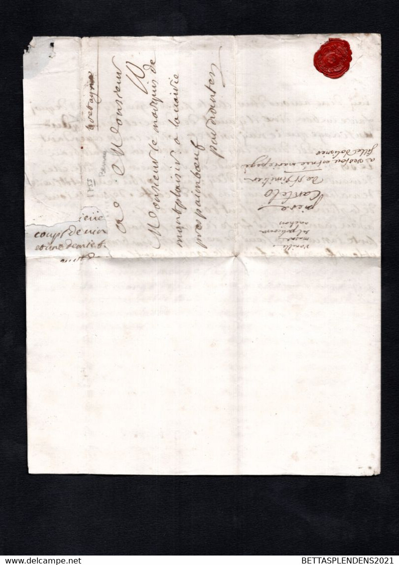 Lettre De 1755 De BERNAY Pour PAIMBOEUF Par NANTES Adressée Monsieur Le Marquis De MONTPLAISIR - Cachet Cire - 1701-1800: Precursors XVIII