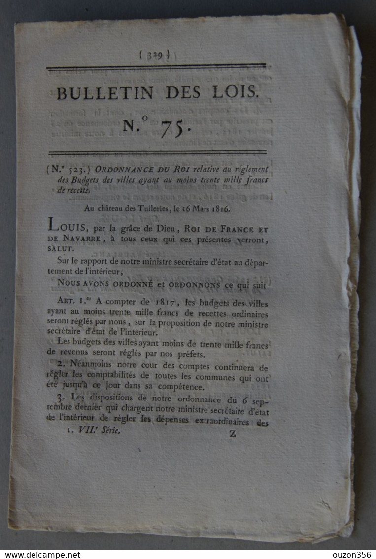 Bulletin Des Lois Du Royaume De France N°75, 7e Série, T.2, 1816, Budgets Des Villes - Décrets & Lois