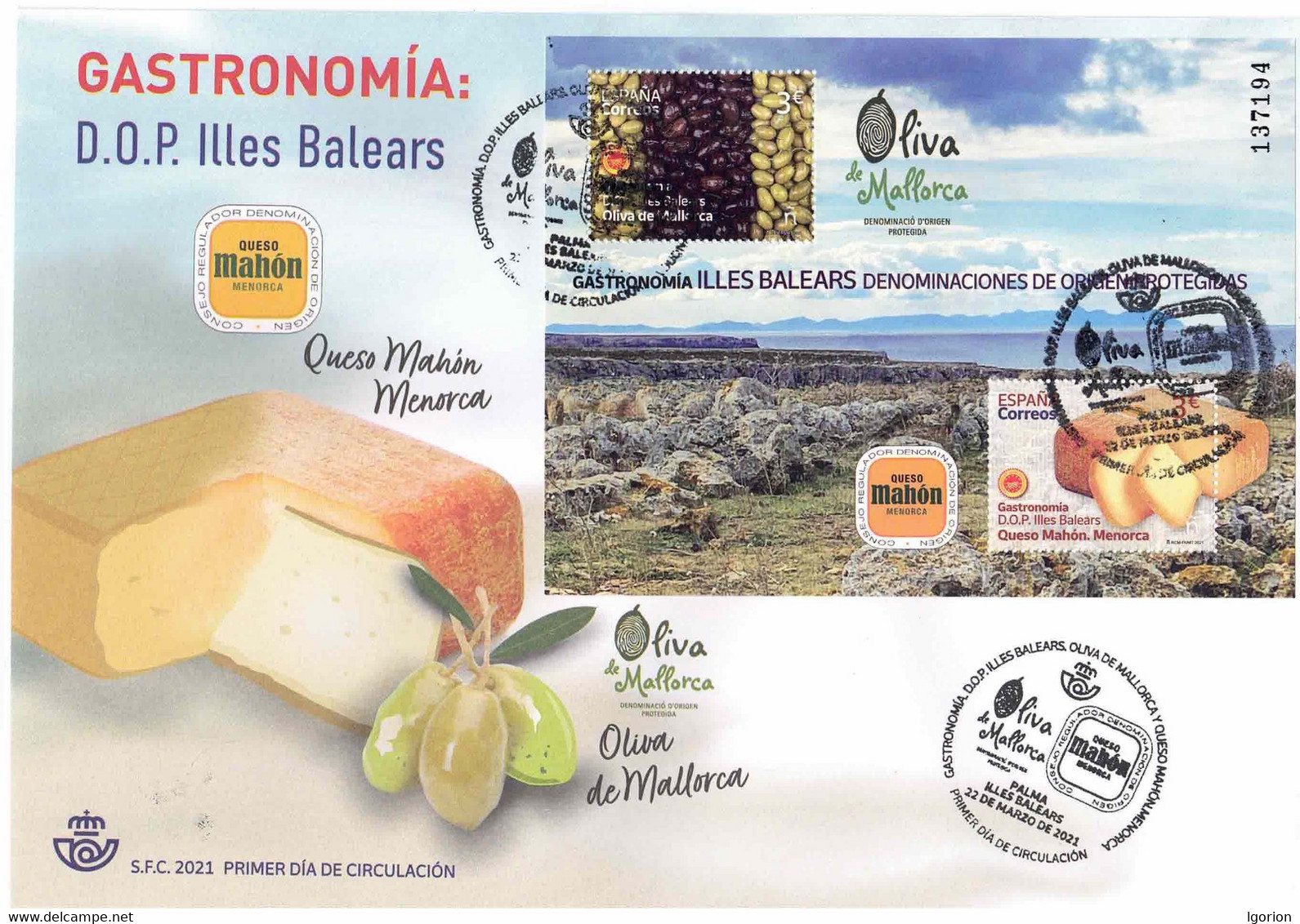 ESPAÑA 2021 ** ED. 5465A/5465B  SOBRE 1º DIA. GASTRONOMIA DOP Illes Balears. OLIVA DE MALLORCA Y QUESO DE MAHON. - Unused Stamps