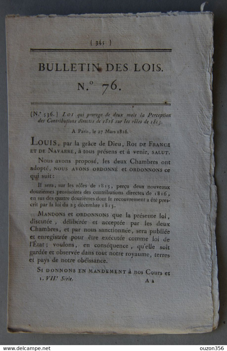Bulletin Des Lois Du Royaume De France N°76, 7e Série, T.2, 1816, Perception Contributions Directes - Décrets & Lois