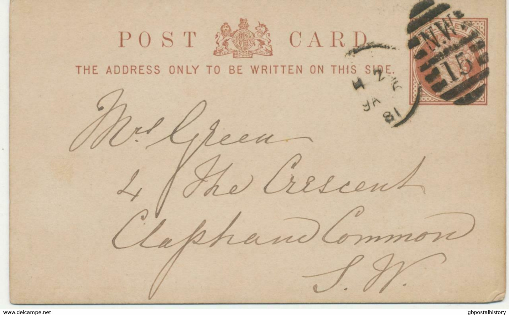 GB 1881 QV 1/2d Brown Very Fine Thick Postcard W. Duplex "LONDON N.W / N.W / 15" - Storia Postale