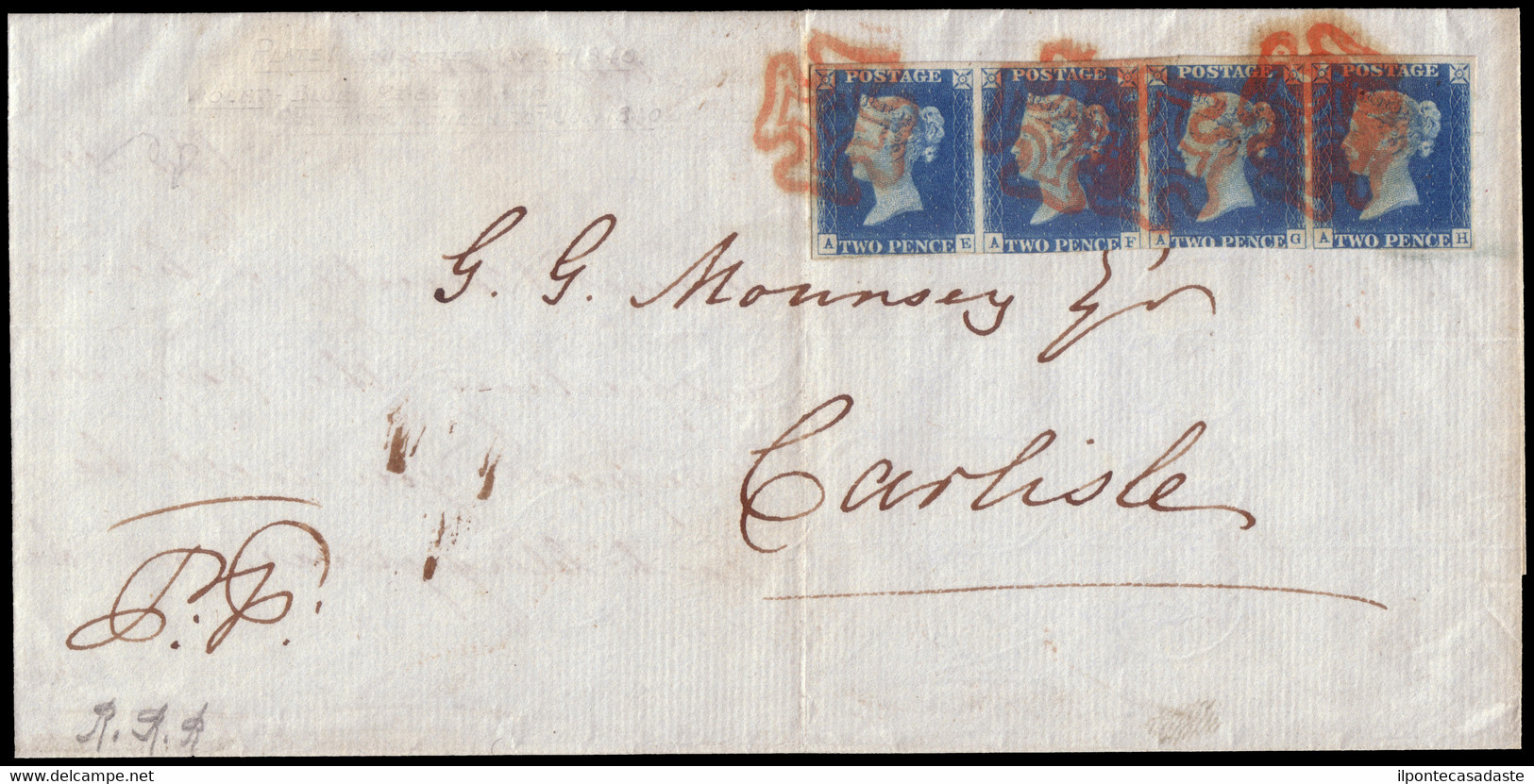 Cover] GREAT BRITAIN 1840 (jul. 20) | Folded Letter Franked With A Strip Of 4 Of The 2d. Blue A-E/A-H With Bottom Margin - Covers & Documents