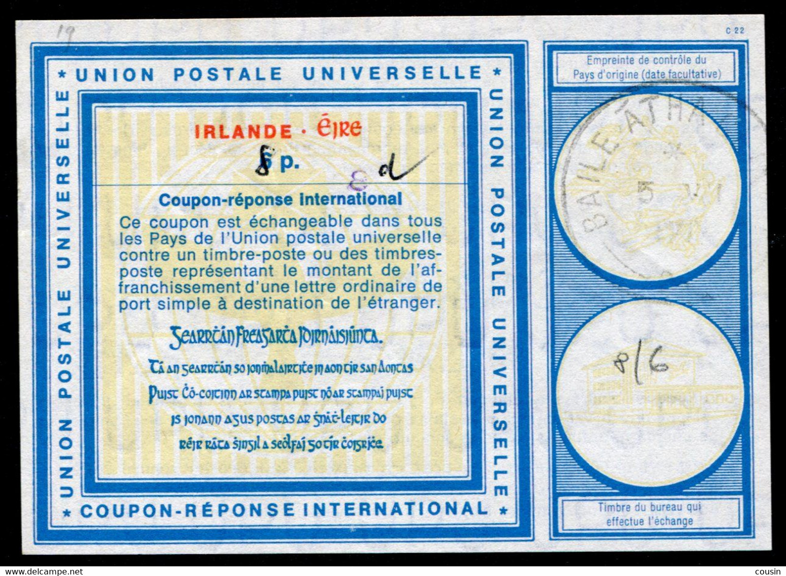 IRLANDE   International Reply Coupon / Coupon Réponse International   8 / 6 P. - Interi Postali