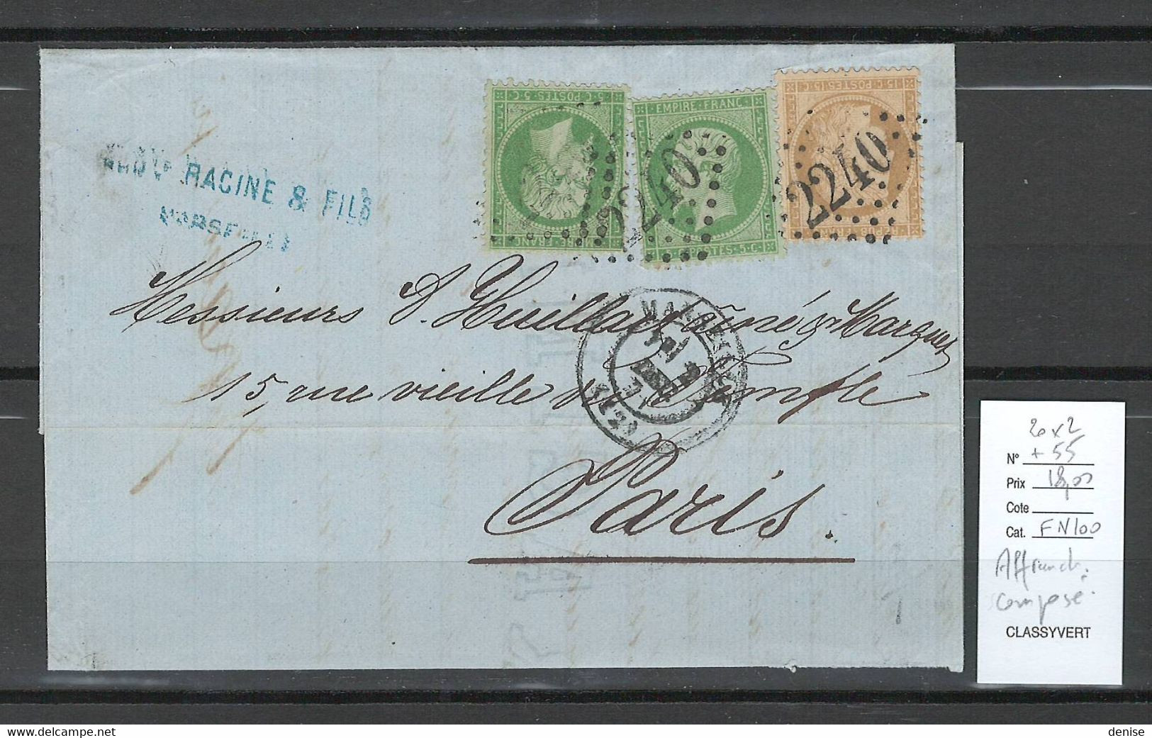 France - Yvert 20 X 2 + 55 - Affranchissement Composé Ceres + Napoléon- Marseille 1871 - 1849-1876: Classic Period