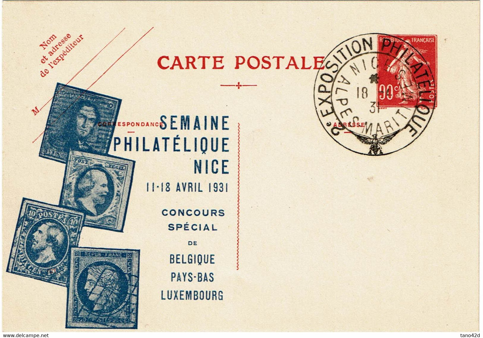 LCA - EP SEMEUSE CAMEE 90c REPIQUAGE SEMAINE PHILATELIQUE NICE 1931 - OBLITEREE 18/4/1931 TTB - Standard- Und TSC-AK (vor 1995)