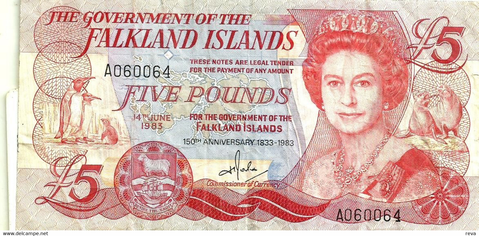 FALKLAND ISLANDS 5 POUNDS RED QEII HEAD FRONT BUILDINGS CHURCH BACK DATED 14-06-1983 VF P.? READ DESCRIPTION!!!!! - Falkland Islands