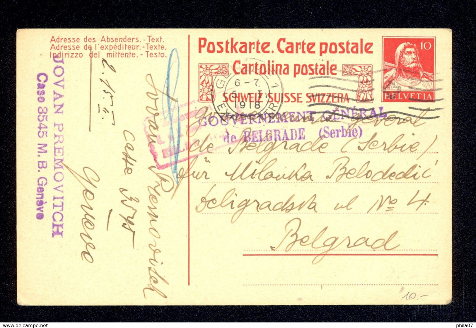 Serbia, Yugoslavia, Switzerland - Stationery Sent To Serbia, Addressed On Gouverment General De Belgrade (Serbia), Censo - Serbie