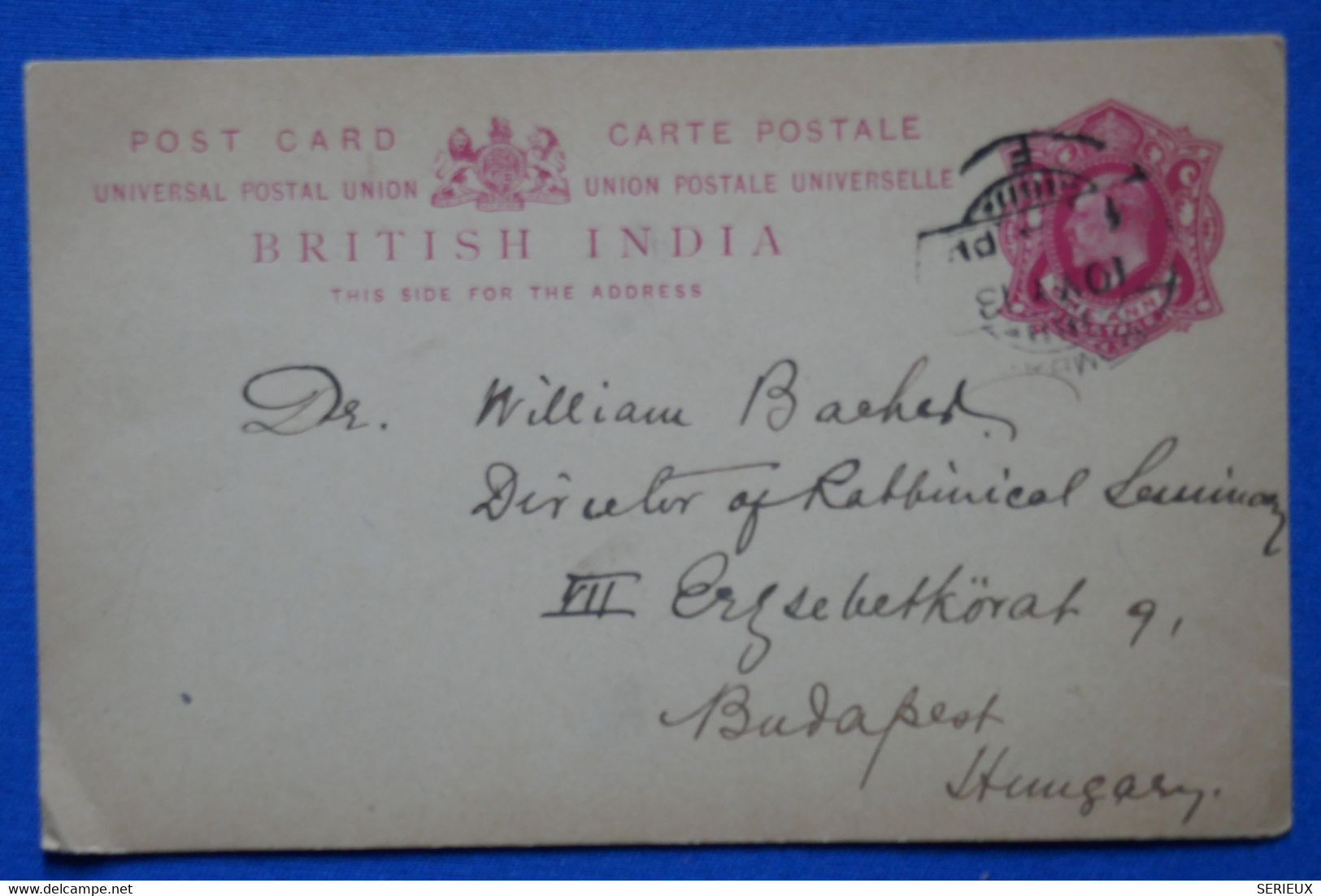 C INDIA BELLECARTE 1913 VOYAGEE BOMBAY A BUDAPEST HUNGARY + AFFRANCHISSEMENT INTERESSANT - 1911-35 King George V