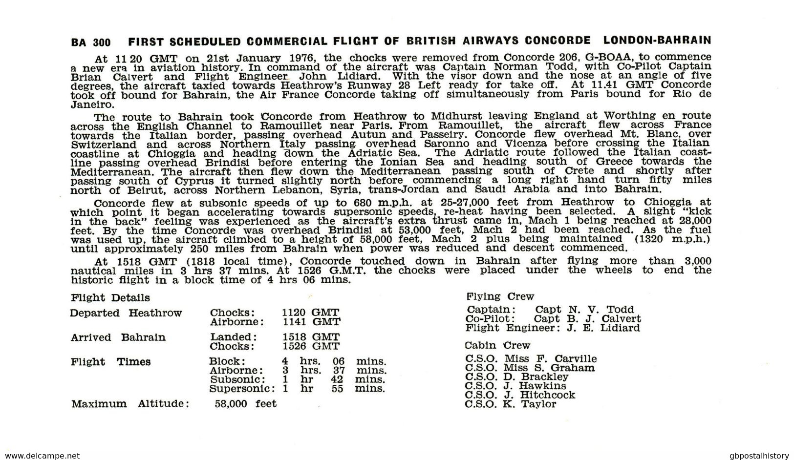 GB 1976 BA 300 First Commercial Flight British Airways Concorde LONDON - BAHRAIN - Lettres & Documents