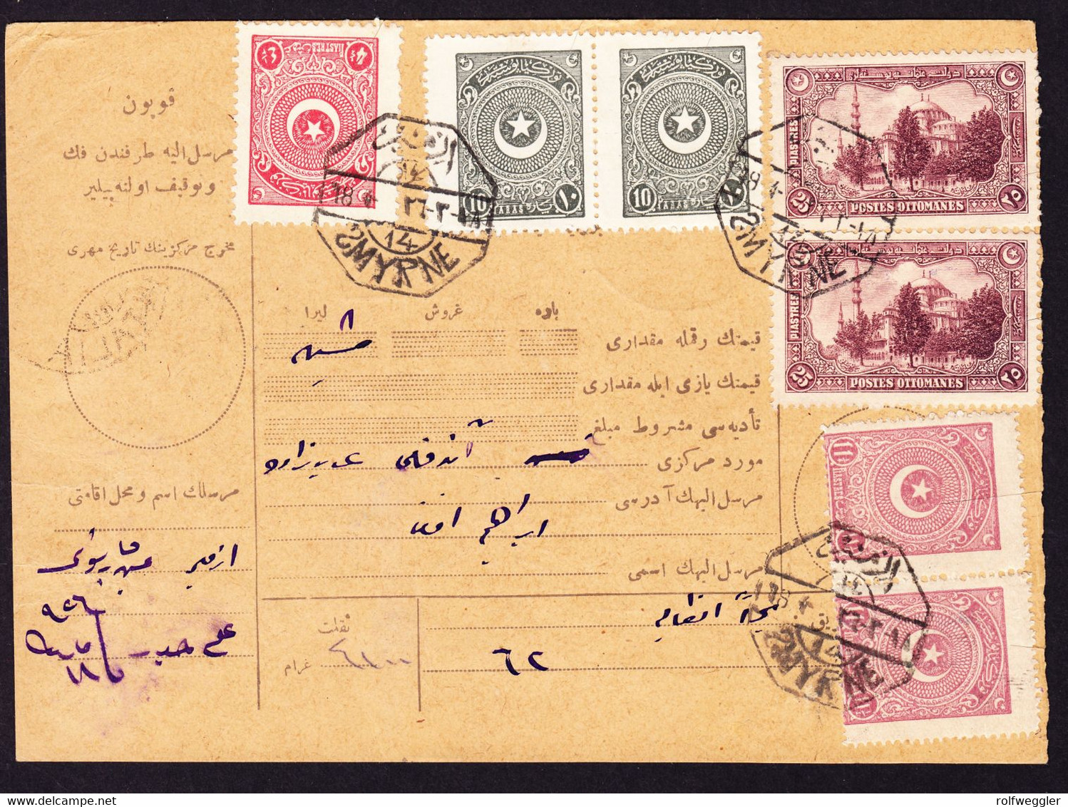 1914  Postschein Mit 7 Gestempelten Marken Smyrne Und Kontrollschnitt. Rückseitig Antalya Und Elmalou, Telegraph - 1837-1914 Smyrna