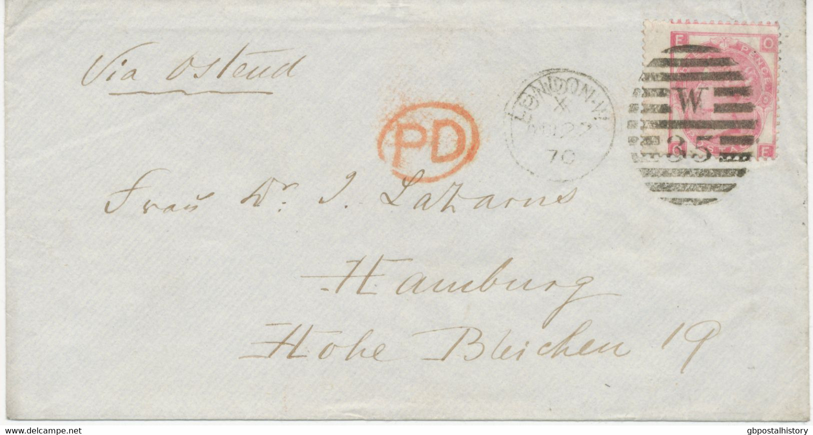 GB 1870 QV 3d Rose Pl.5 W Wing Margin Rare VARIETY: Missing Part Of Frameline On Superb Cover To HAMBURG - Variedades, Errores & Curiosidades