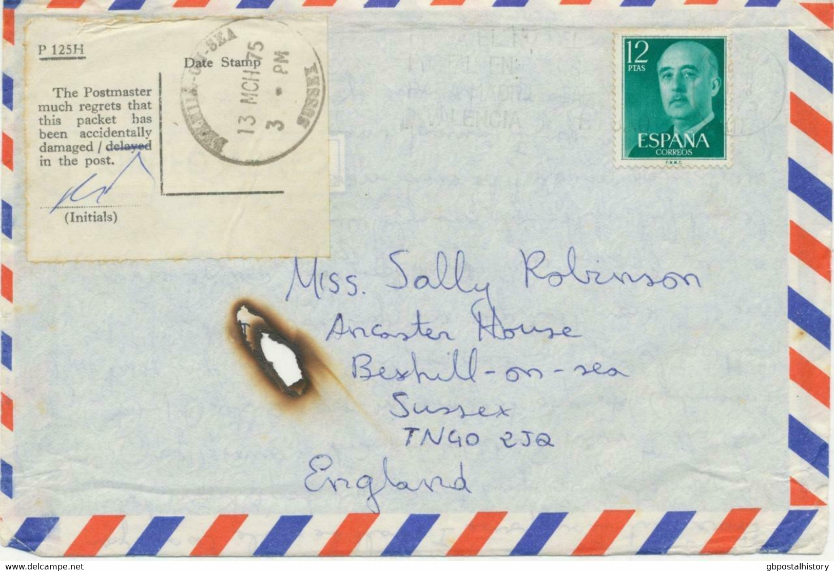 GB 1975 DISASTER MAIL Flight Cover From SPAIN W. Skeleton BEXHILL-ON-SEA SUSSEX - Errors, Freaks & Oddities (EFOs