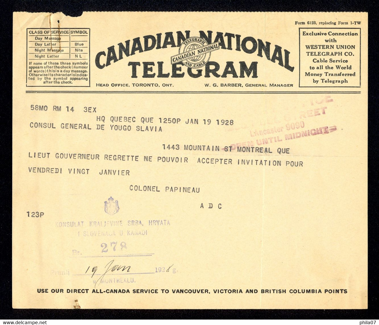 Yugoslavia, Serbia - Telegram Sent To The Consulate Of The Kingdom Of Yugoslavia In Canada 19.01. 1928. Telegram Sent By - Brieven En Documenten