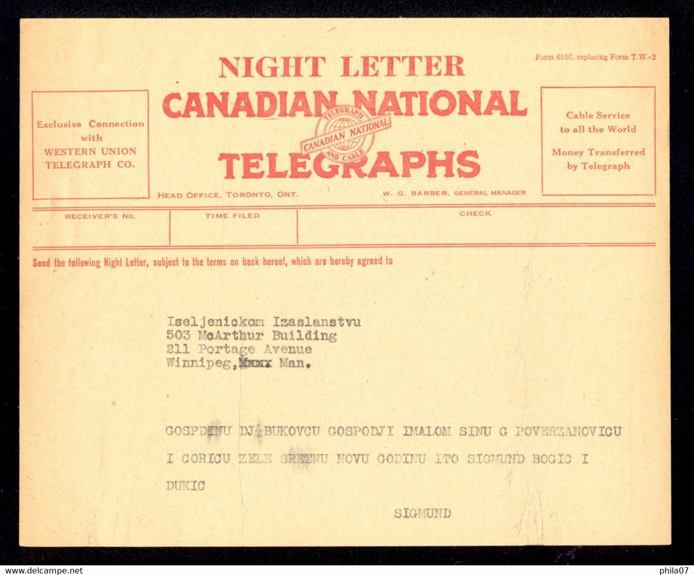 Yugoslavia, Serbia - Telegram Addressed To The Delegation Of Emigrants Of The Kingdom Of Yugoslavia In Canada. Telegram - Lettres & Documents