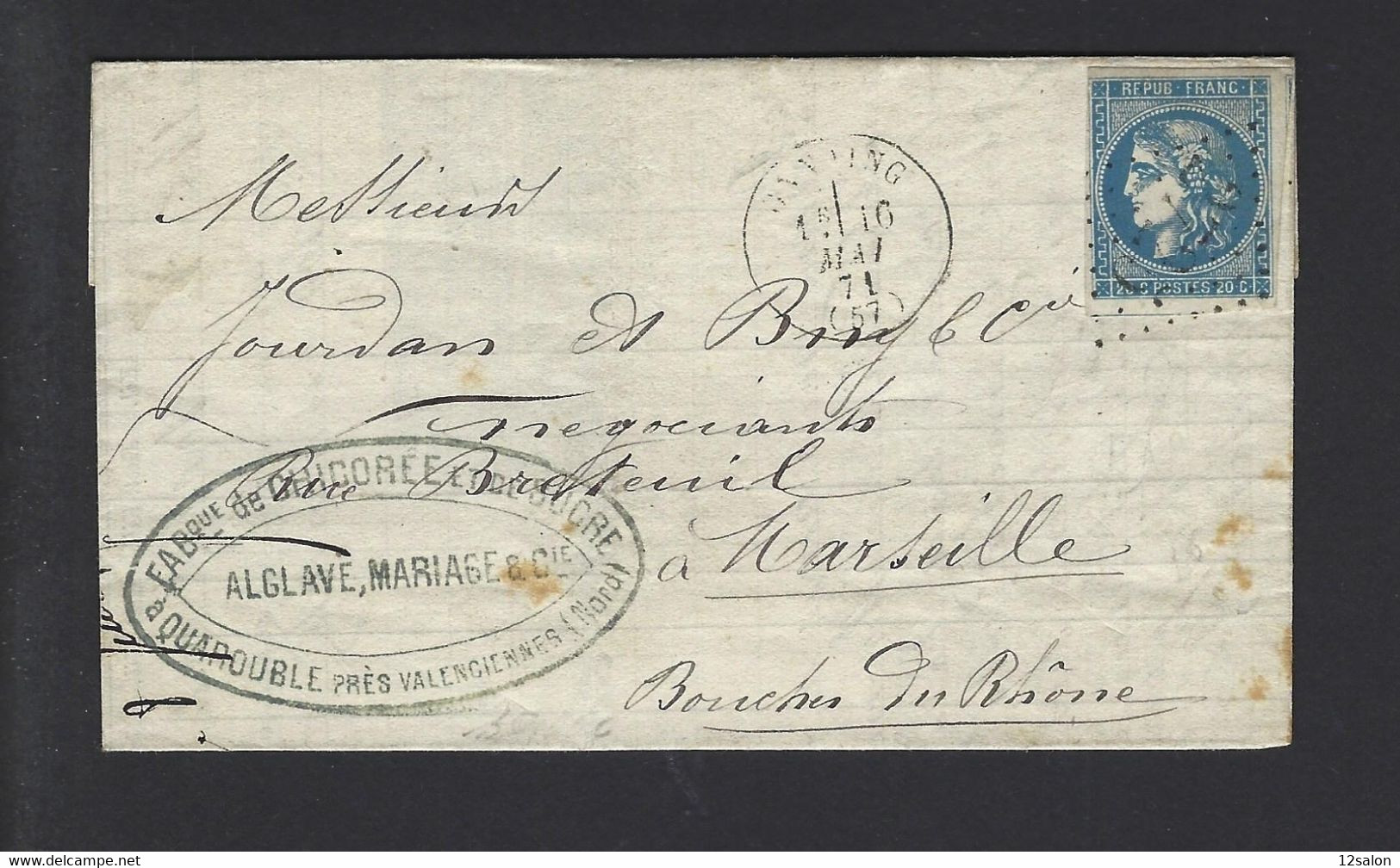 GC 2735 ONNAING NORD Sur 20 C. De Bordeaux Lettre De QUAROUBLE VALENCIENNES Fabrique De Chicorée Et De Sucre - 1849-1876: Période Classique