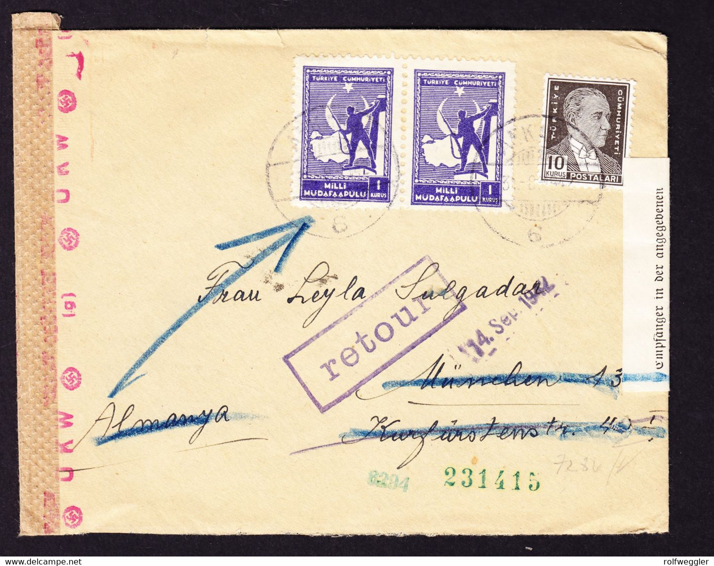 1942 Zensurierter Brief Aus Ankara Nach München. Leitzettel: Strasse In München Unbekannt, Retour. - Covers & Documents