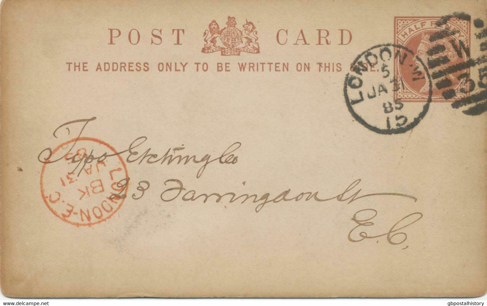 GB 1885 QV 1/2d Brown Fine Thick Postcard With Duplex-cancel "LONDON-W / W / 35" - Storia Postale