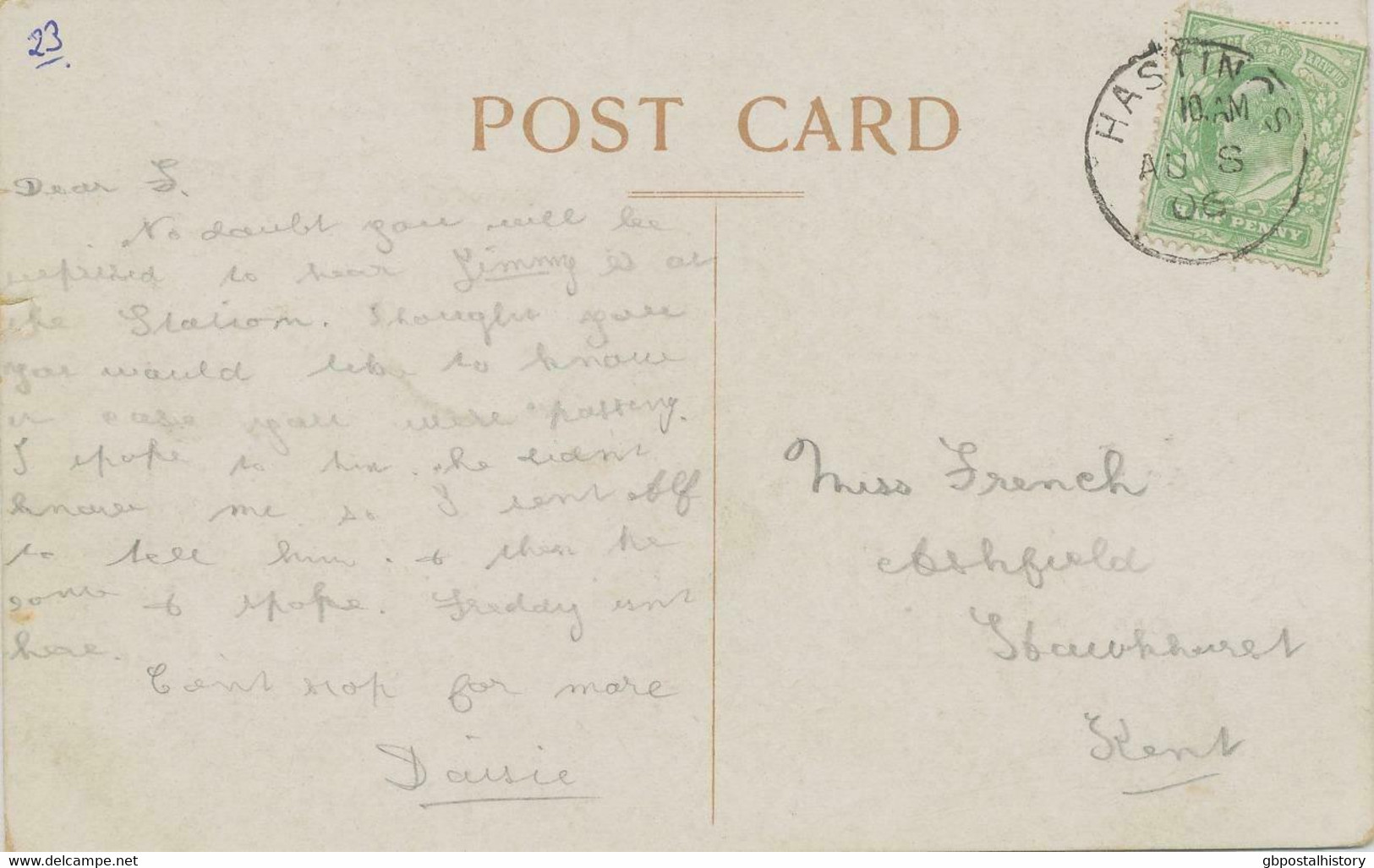 GB HASTINGS CDS 22mm 1906 POSTMARK ERROR: „AU S“ Instead Of „AU 8“, RRR!! - Storia Postale