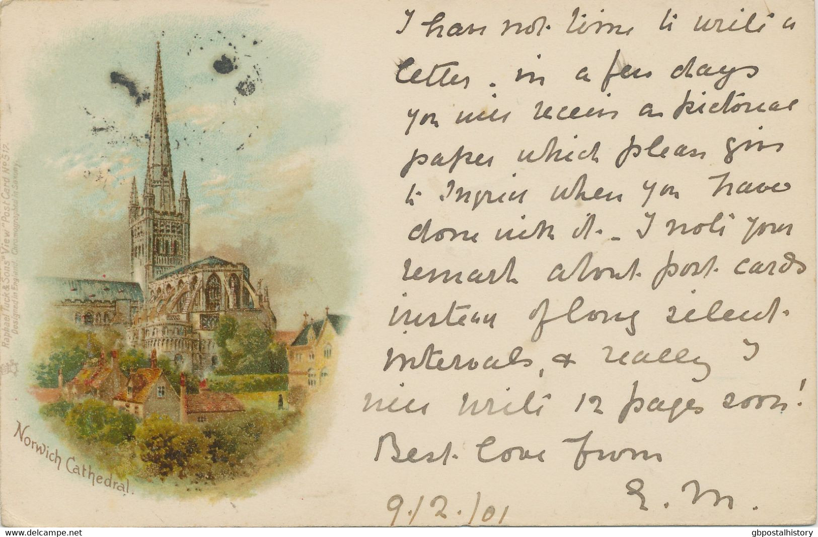 GB HAVANT CDS Thimble 20mm 1901 Colour Litho "Norwich Cathedral" (Raphael Tuck)  To Denmark - Storia Postale