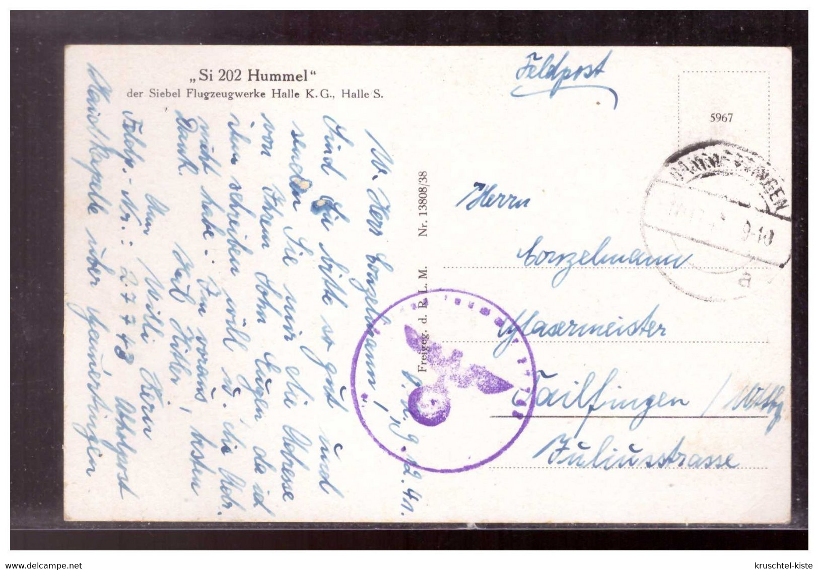 Dt- Reich (021840) Propagandakarte, Si 202 Hummel, Der Siebel Flugzeugwerke Halle, Gelaufen Mit Feldpost - Altri & Non Classificati
