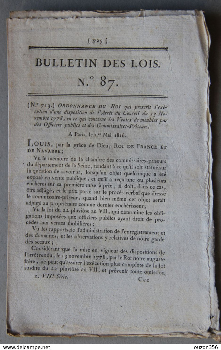 Bulletin Des Lois Du Royaume De France N°87, 7e Série, T.2, 1816, Ventes Meubles Par Commissaires-Priseurs - Décrets & Lois