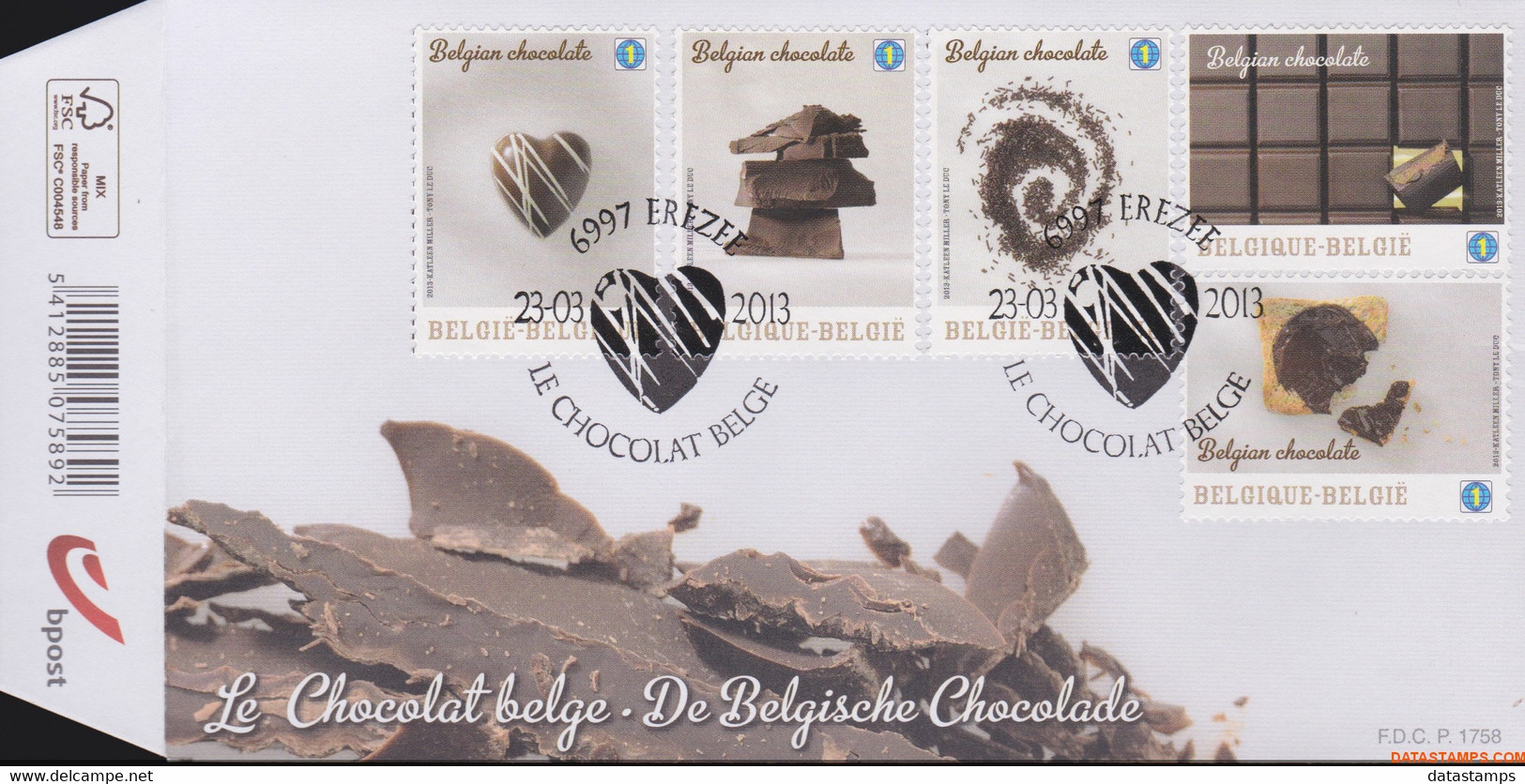 België 2013 - Mi:4361/4365, Yv:4295/4299, OBP:4315/4319, Fdc - O - The Belgian Chocolate - 2001-2010