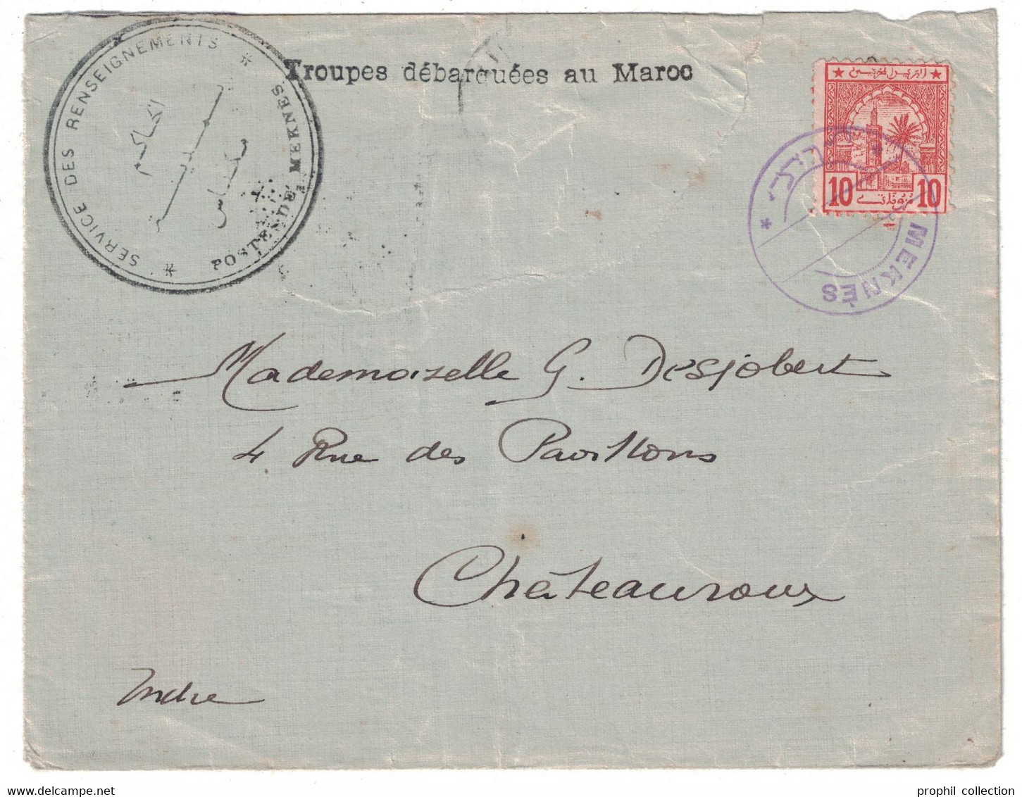 MAROC - TIMBRE POSTES CHERIFIENNES N°4 Sur LETTRE 1913 CACHET SERVICE DES RENSEIGNEMENTS POSTES MEKNES Pour LA FRANCE - Poste Locali