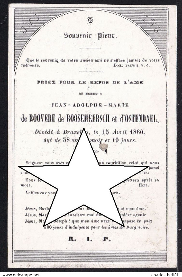 DOODSPRENTJE * ADEL / NOBLESSE * JEAN ADOLPHE DE ROOVERE DE ROOSEMEERSCH Et D'OSTENDAEL - BRUXELLES 1822-1860 ! Rare - Devotion Images