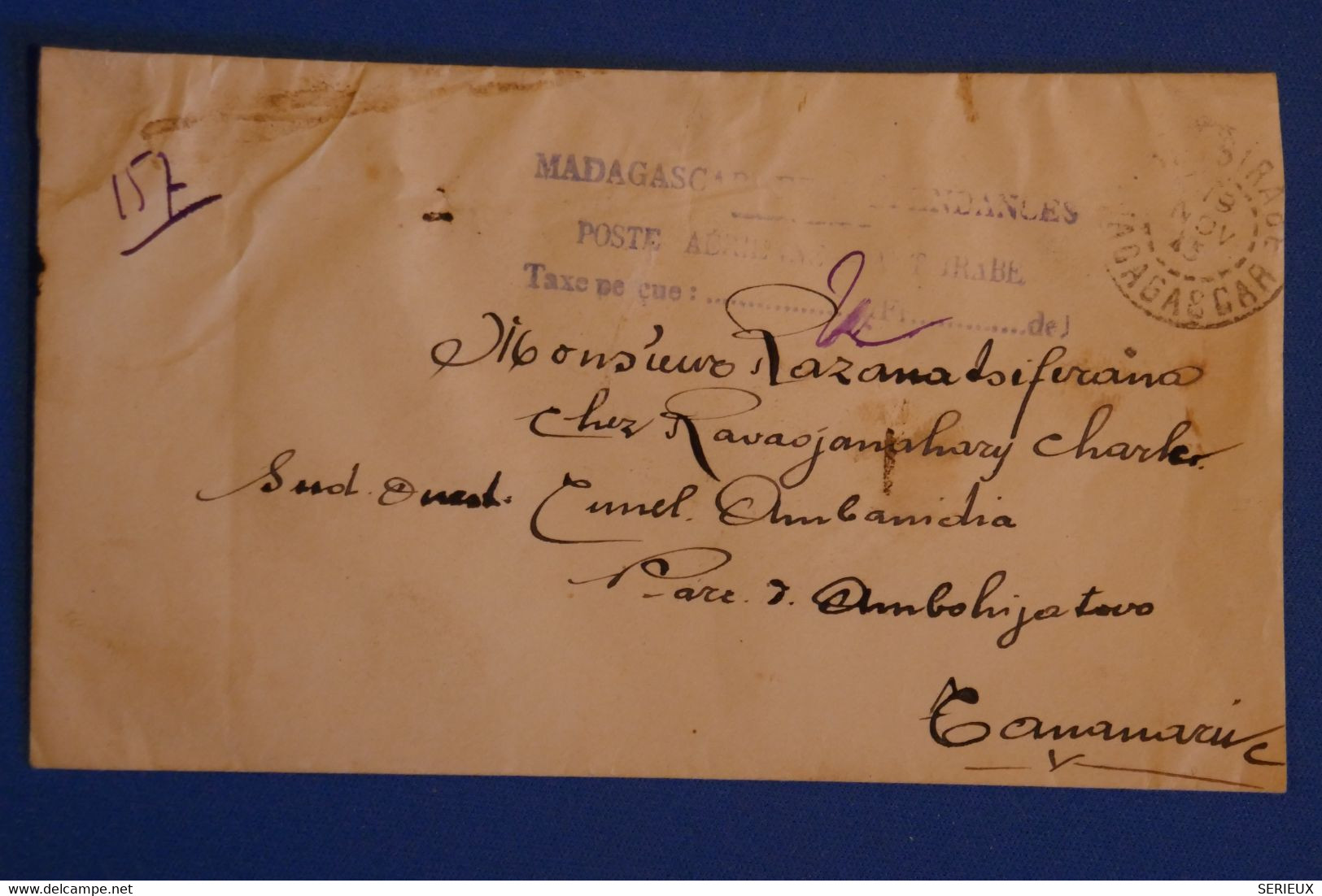 O10 MADAGASCAR BELLE LETTRE  RARE 1945 POSTE AERIENNE+ INDEPENDANCES   POUR TANANARIVE+ TAXE PERCUE+ AFFRANCH. PLAISANT - Luchtpost