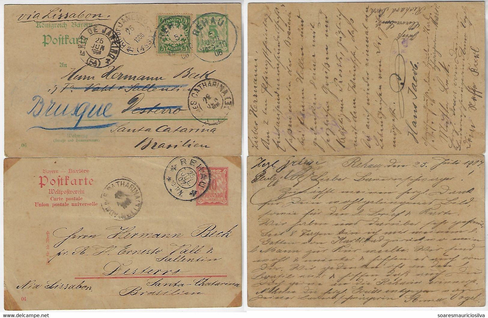 Germany Bavaria 1906 / 1907 2 Postal Stationery Rehau To Desterro Florianópolis Brazil By Lisbon 1 Re-addressed Brusque - Sonstige & Ohne Zuordnung