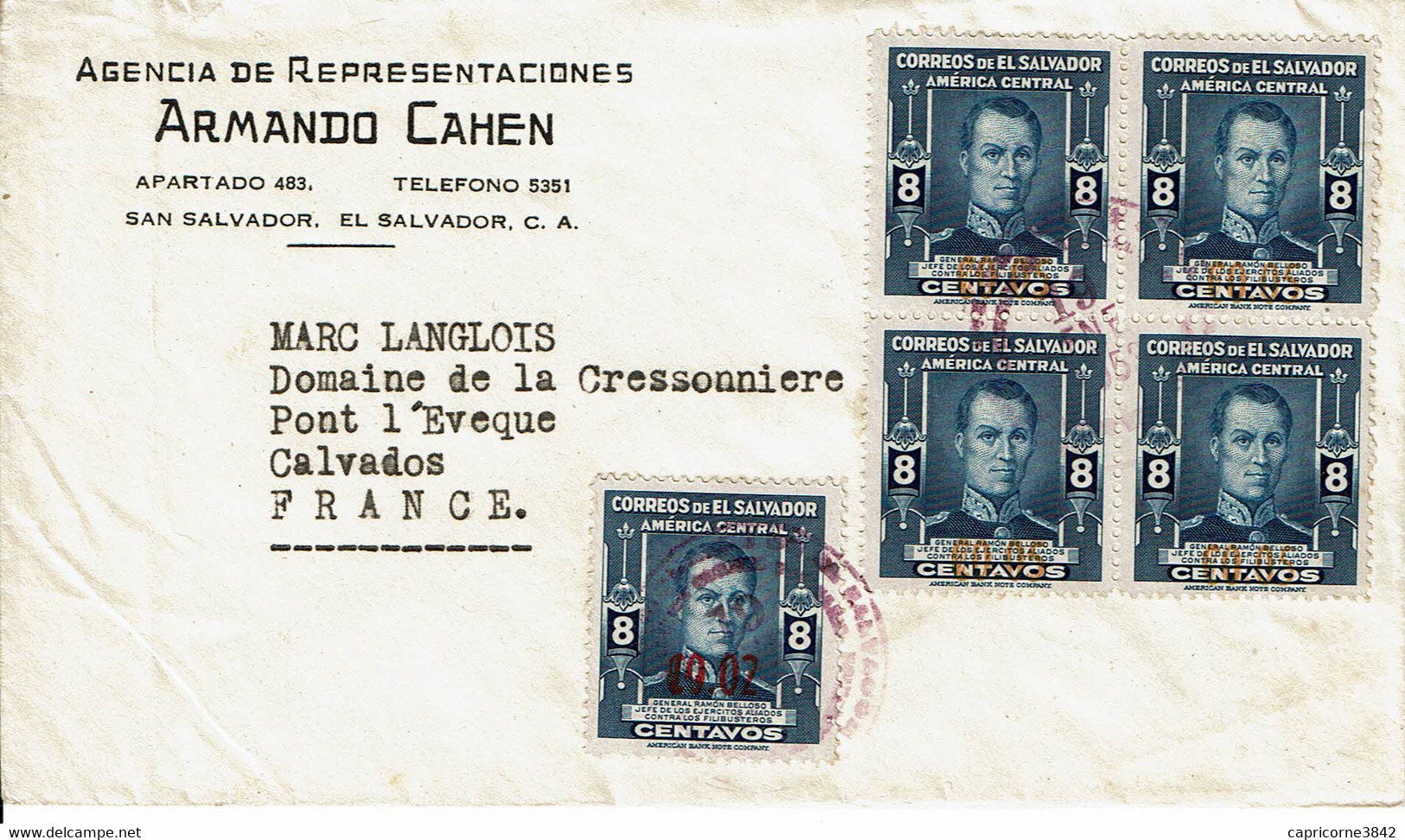 1953 - Salvador - Lettre Pour La France - Ramon Belloso - Surcharge Poste Aérienne - Tp N° 582 - El Salvador