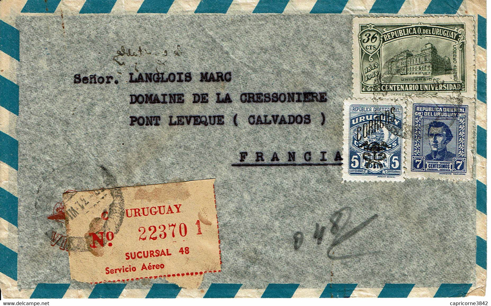 1951 - Lettre D'Uruguay Pour La France - Vignette De Poste Aérienne - Uruguay