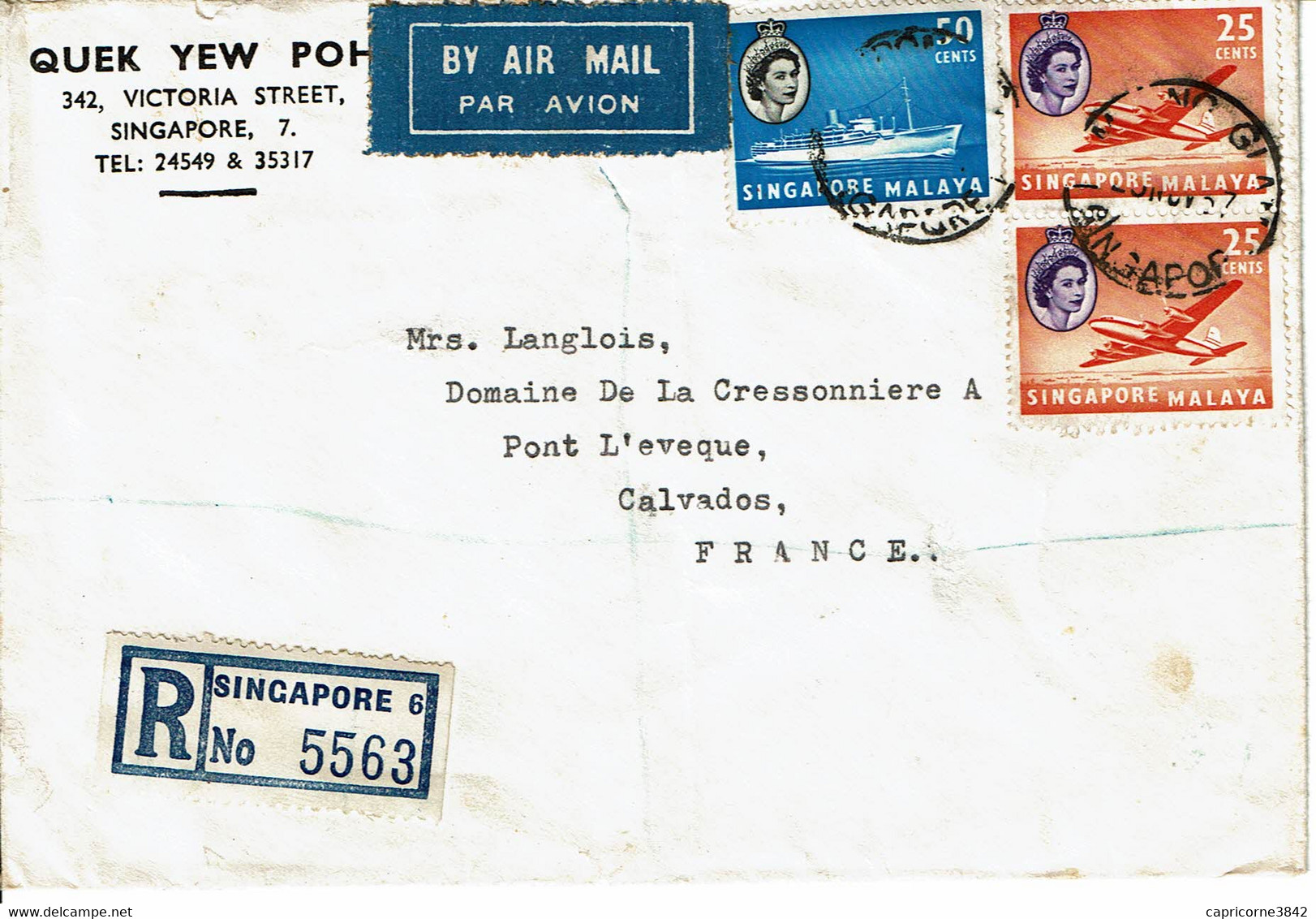 1957 - Singapour - Lettre Recommandée Par Avion Pour La France - N° 39 + 2 Tp N° 37  - Voir Verso (see The Reverse Side) - Singapore (...-1959)