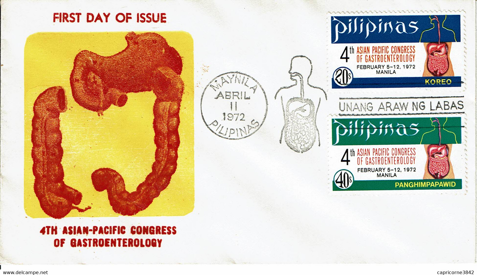 1972 - Philippines - Enveloppe 1er Jour Du 4e Congrès Gastro-Antérologie Asie Pacifique - Yvert N° 842 + PA 77 - Philippines