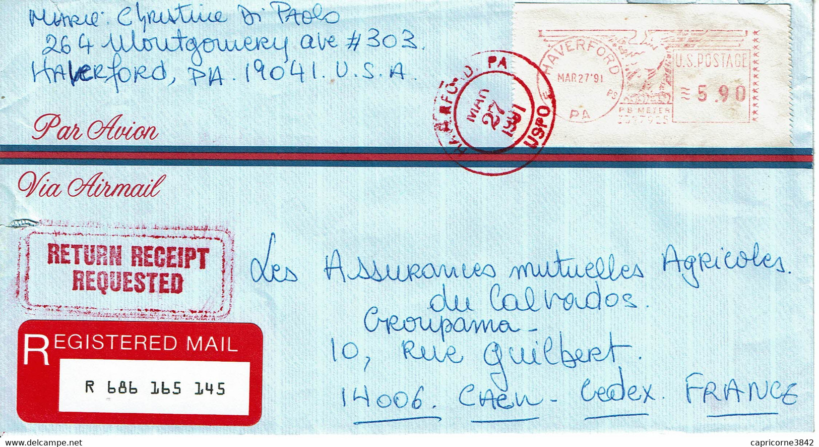 1991 - Etats Unis - Lettre De Haverford Pour La France - Vignette De Recommandation - Voir Verso (see The Reverse Side) - Marcophilie