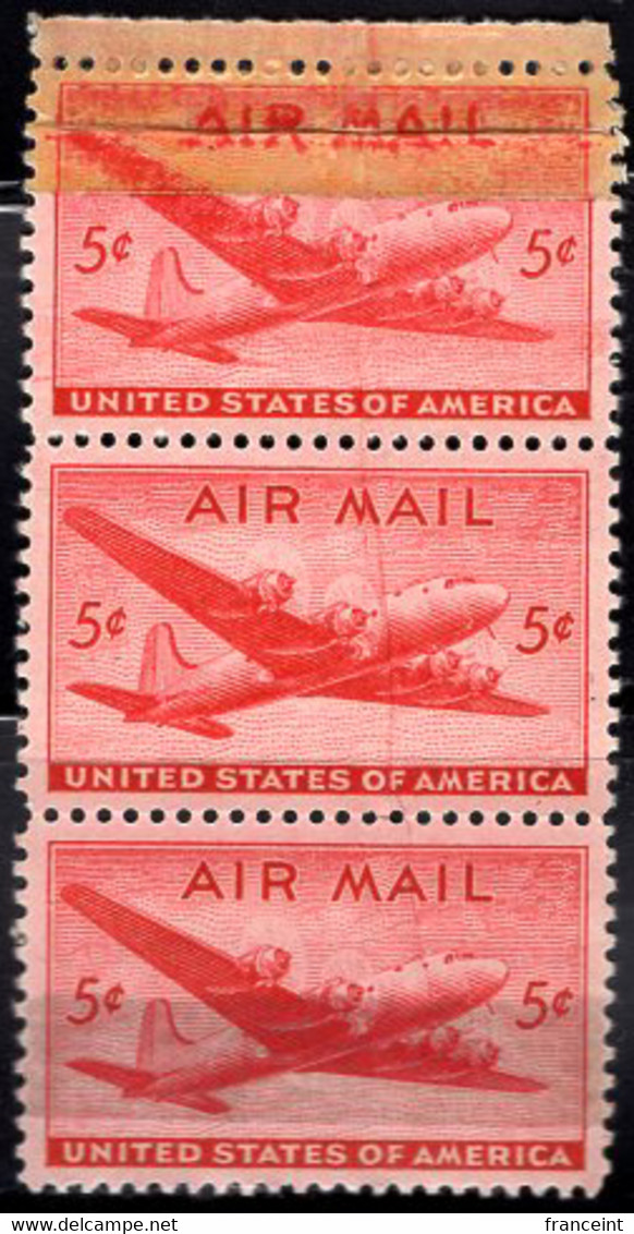 1947 5c DC-4 Skymaster. Scott No C32. Tape Repaired By Printer On Top Stamp, Then Printed Over The Tape! - Errors, Freaks & Oddities (EFOs)