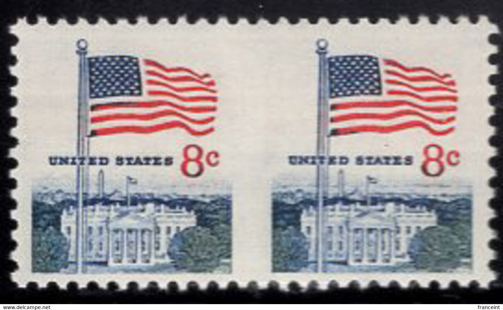 1968 8c Flag Over White House, Pair Imperf Between. Scott No 1338Fj. MNH. - Abarten & Kuriositäten