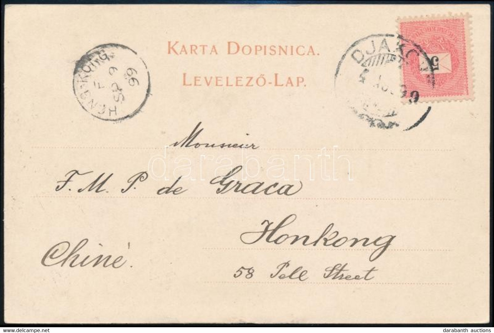 1899 5kr Levelezőlapon / On Postcard "DJAKOVO" - "HONG-KONG" (Kína) - Andere & Zonder Classificatie