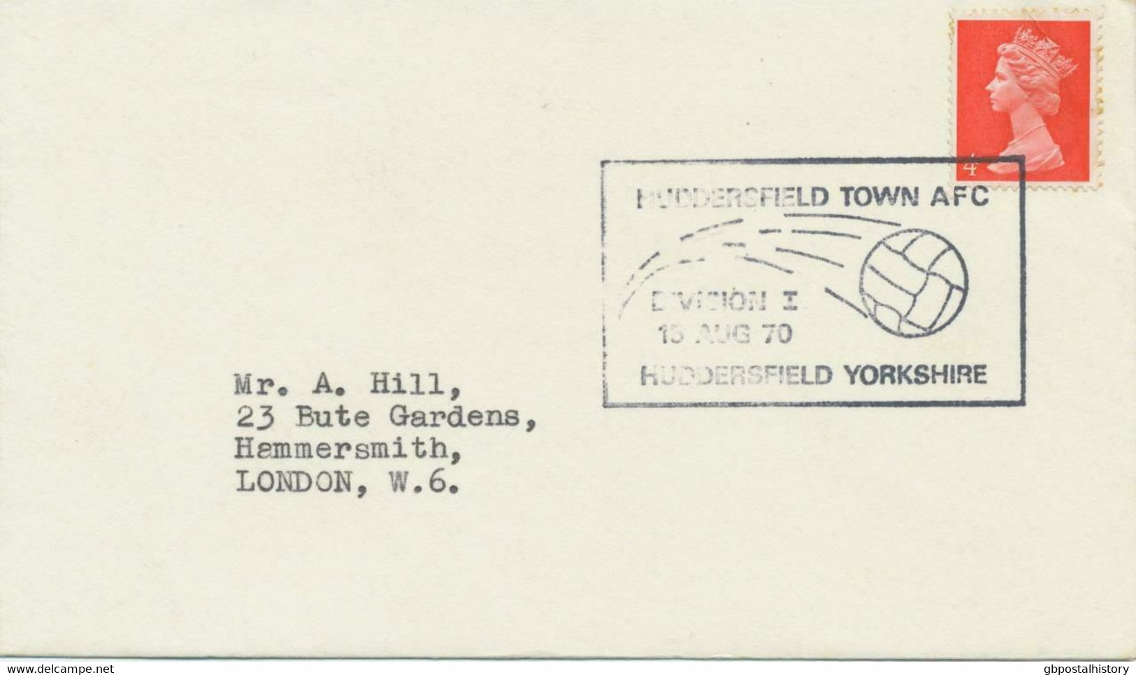 GB „HUDDERSFIELD TOWN AFC DIVISION I 15 AUG 70 HUDDERSFIELD YORKSHIRE“ (AFC = Association Football Club) - Storia Postale