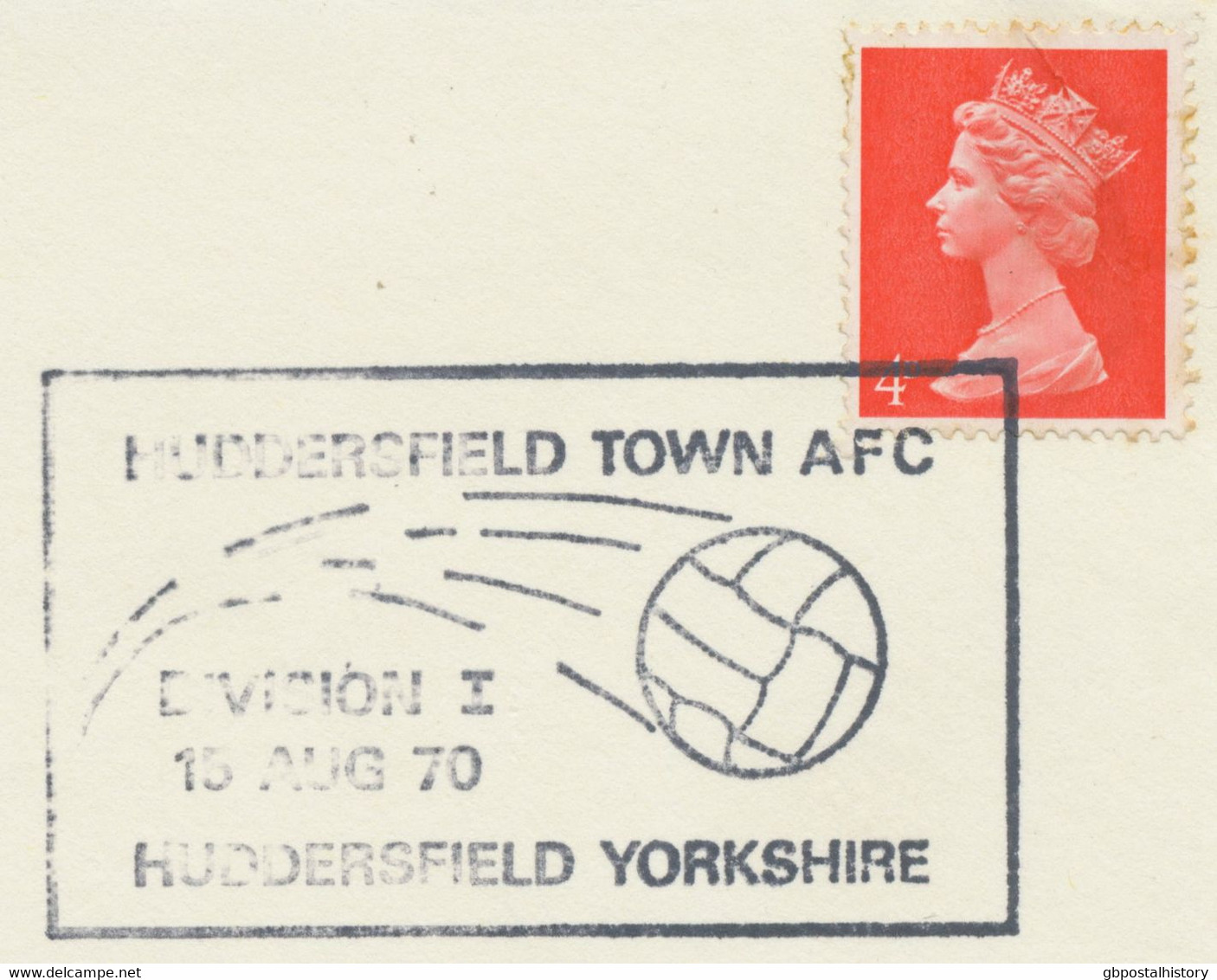 GB „HUDDERSFIELD TOWN AFC DIVISION I 15 AUG 70 HUDDERSFIELD YORKSHIRE“ (AFC = Association Football Club) - Storia Postale