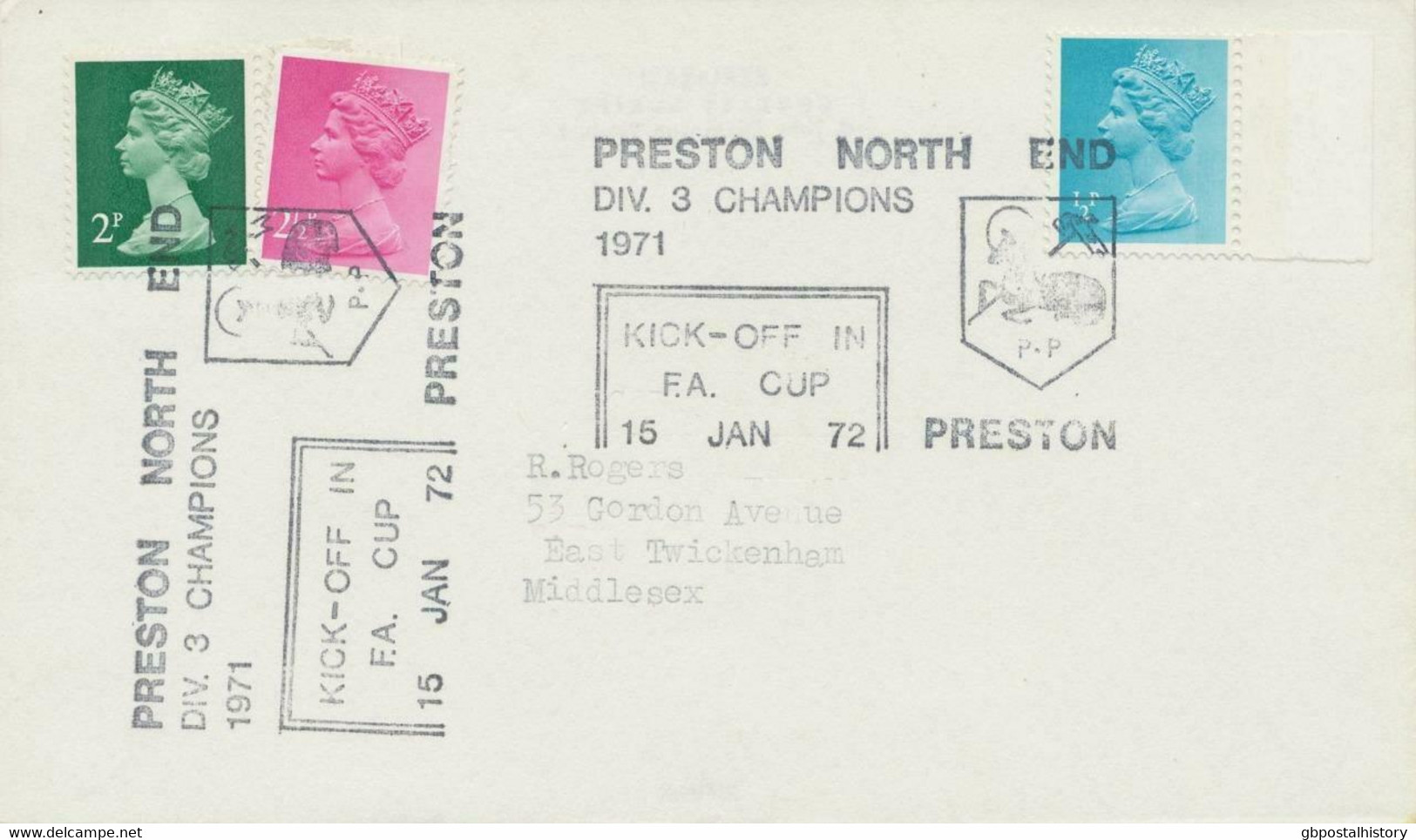 GB „PRESTON NORTH END DIV. 3 CHAMPIONS 1971 KICK-OFF IN F.A. CUP 15 JAN 72 PRESTON“ Special Football Handstamp On Cover - Storia Postale