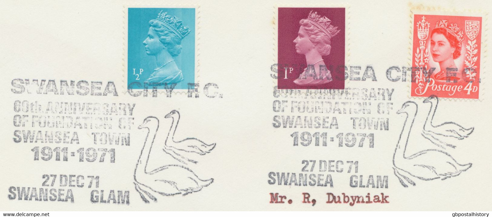 GB „SWANSEA CITY F.C. 60th ANNIVERSARY OF FOUNDATION OF SWANSEA TOWN 1911-1971 - Storia Postale