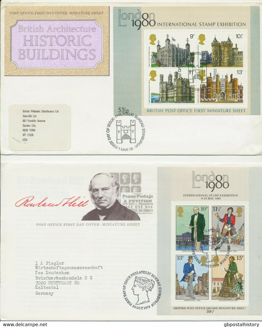 1978, Historic Buildings M/S On Superb FDC To USA And 1979, Rowland Hill M/S On Superb FDC To Germany FDI EDINBURGH - 1971-1980 Decimal Issues