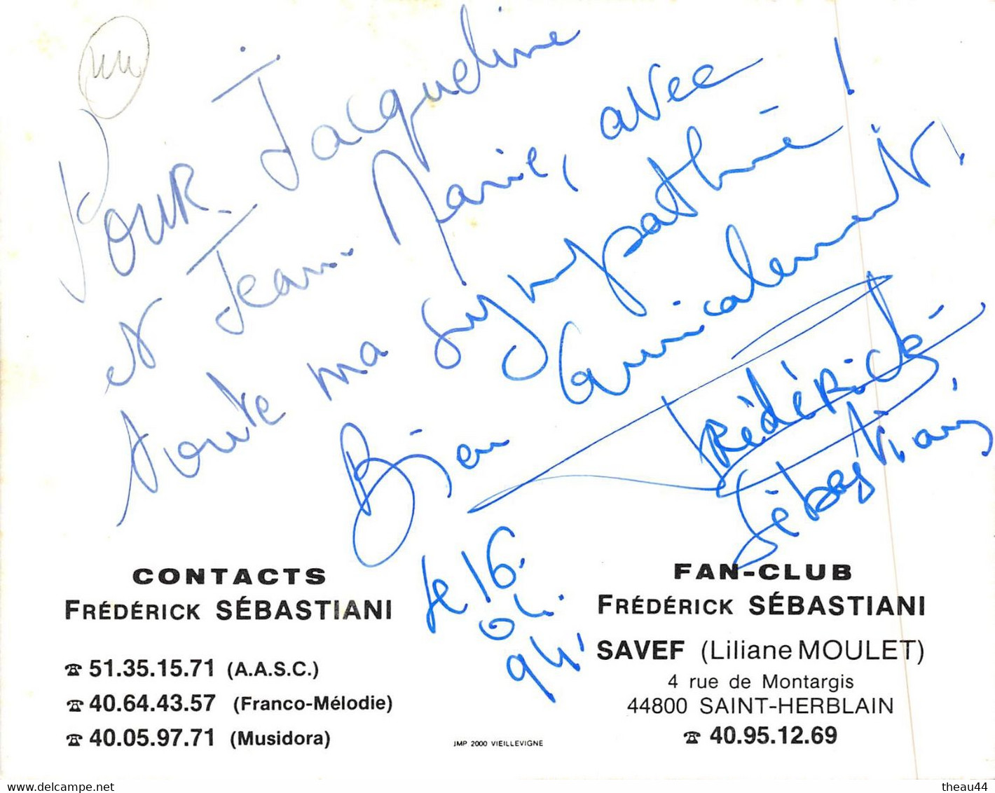 ¤¤  -  SAINT-HERBLAIN   -  Carte Publicitaire Du Chanteur  " Frédérick SEBASTIANI "  Dédicacé       -  ¤¤ - Saint Herblain