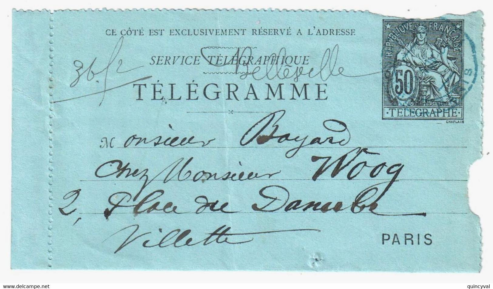 PARIS 52  Entier Carte Lettre Pneumatique 50c Chaplain Yv 2534 Verso 9 Lignes Ob 1900 Dest Belville - Pneumatic Post